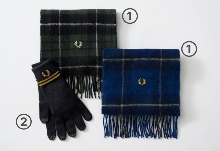 ①Lambswool Tartan Scarf②Twin Tipped Merino Wool Gloves